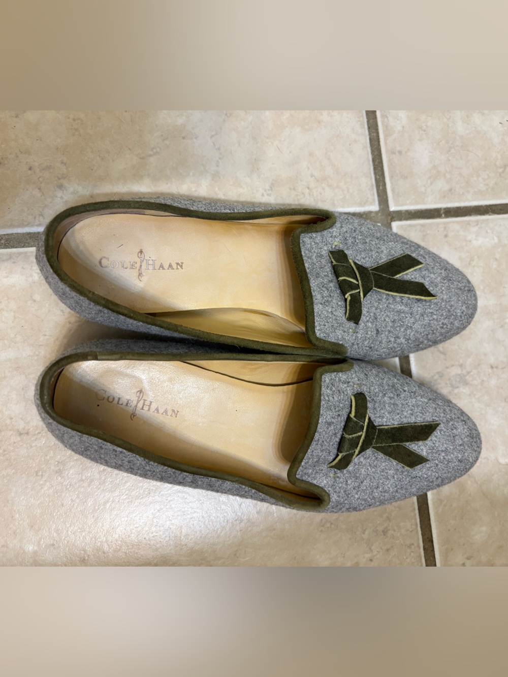 Cole Haan Gray Felt Loafer with Olive Trim and Bow Accent - Picture 2 of 3